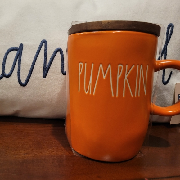 Rae Dunn | NWT PUMPKIN Fall Autumn Coffee Tea Mug w/ Wooden Lid, Orange & Ivory - Picture 2 of 3